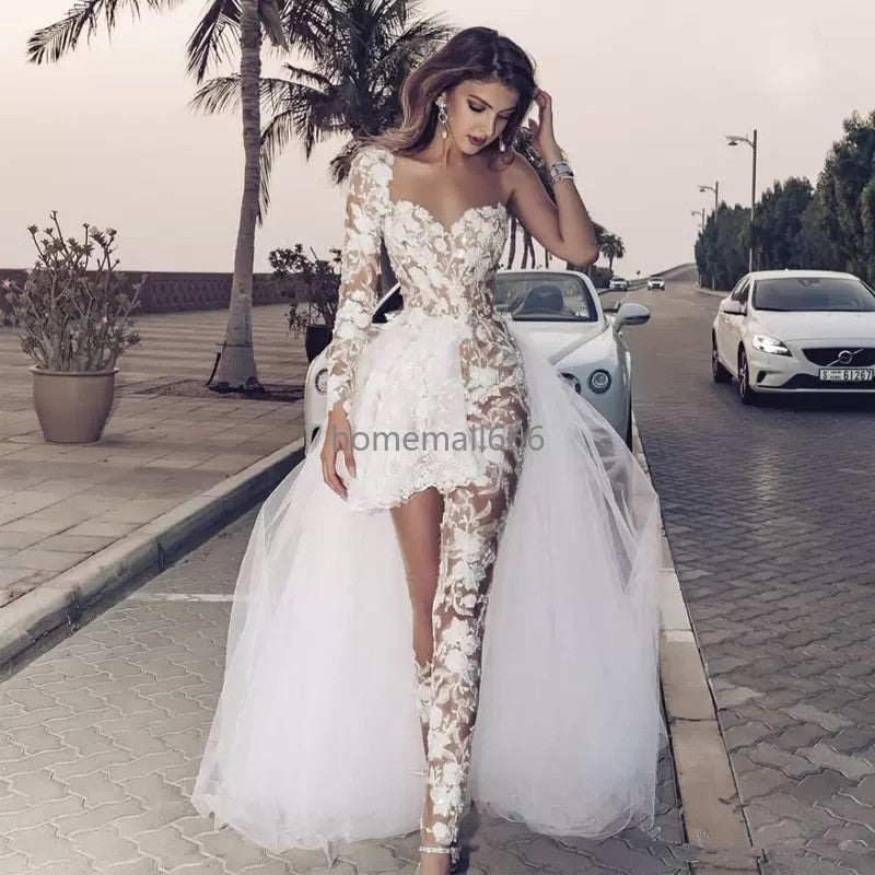2022 Jumpsuits Wedding Dresses With Overskirt One Shoulder Long Sleeve Lace Ankle Length Beach Bridal Gowns robe de mariee