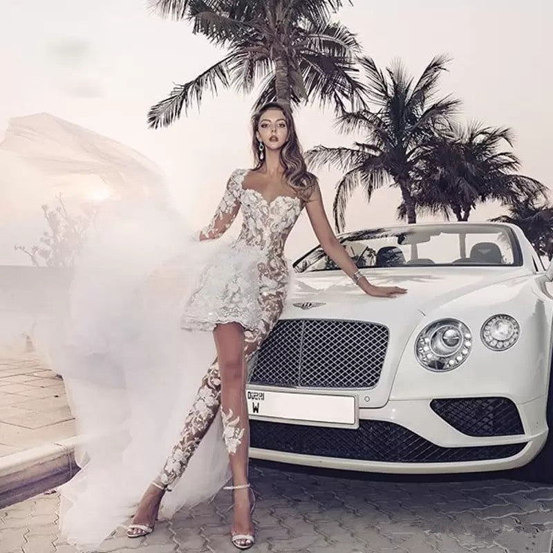 New Jumpsuits Wedding Gown Sheath Dresses With Overskirt One Shoulder Long Sleeve Lace Ankle Length Beach Bridal Gowns robe de mariee