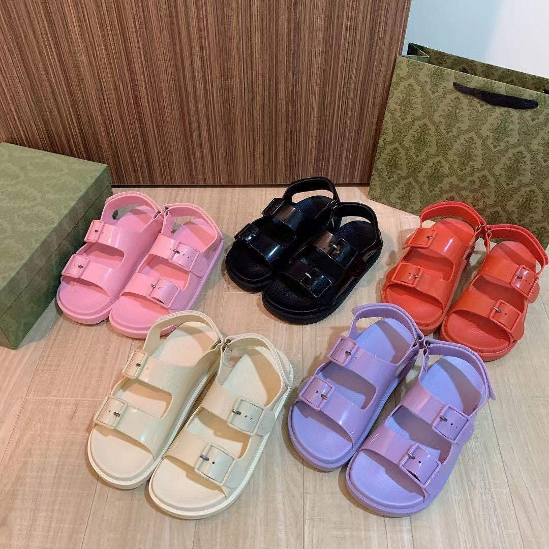 2022 Summer women&#039;s sandals Jelly beach shoes comfortable casual Roman shoes candy color black white purple tower buckle wear versatile women&#