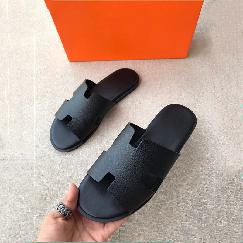Summer Pantufla Slippers Male Beach Casual Shoes Designer High Quality Caflskin grain Leather Men&#039;s Classic Sandals