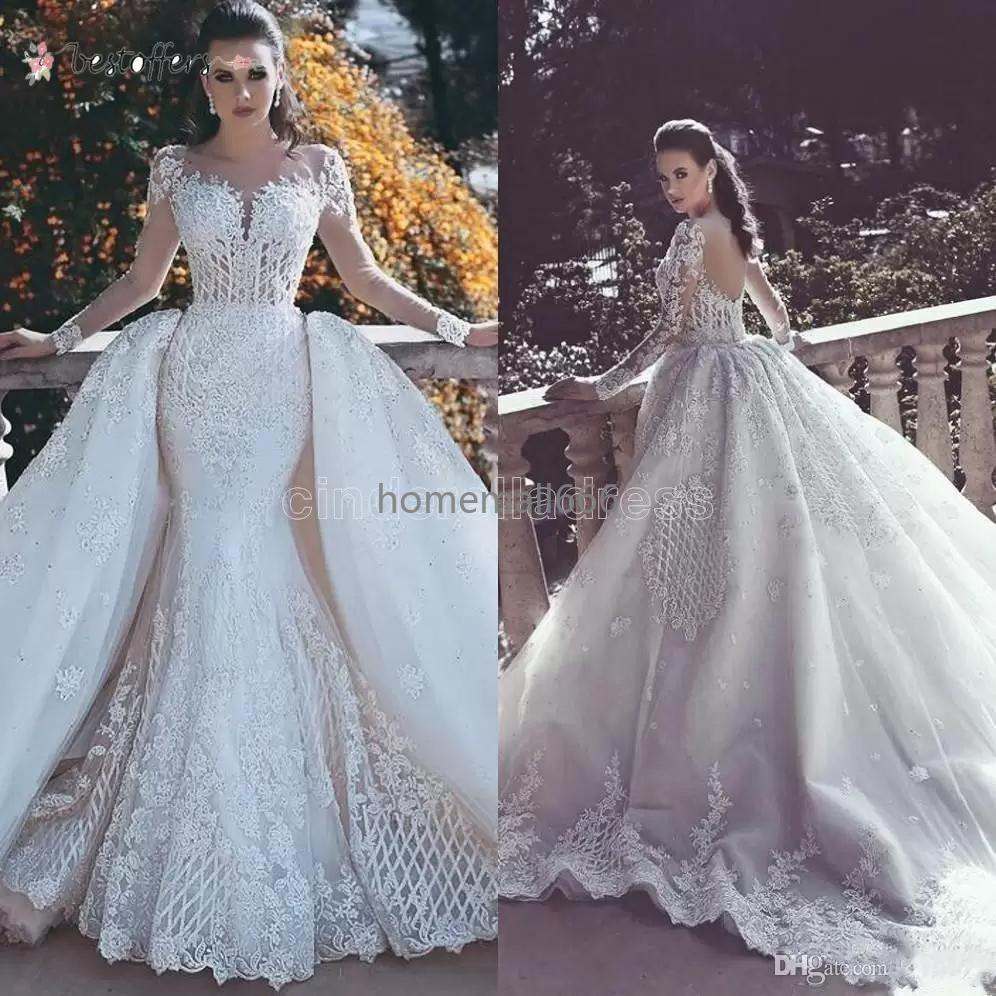 2022 Mermaid Lace Wedding Dresses With Detachable Train Sheer Neck Long Sleeves Beaded Overskirt Dubai Arabic Bridal Gowns BA7402