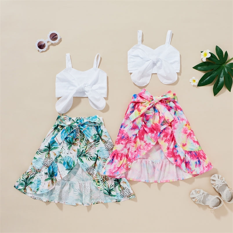 2 7Y Summer Kids Baby Girls Clothes Set Solid Off Shoulder Crop T shirt Tops Flowers Printed Ruffle Skirts Outfit 220620