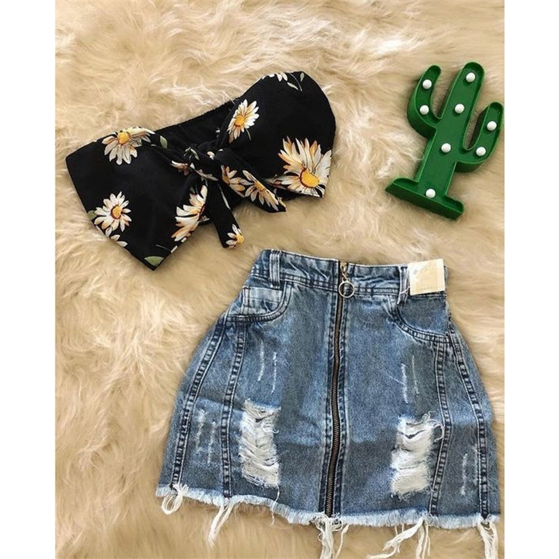 1 6Y Infant Kids Baby Girls 2Pcs Summer Fashion Clothes Set Bowknot Sunflower Crops Tops Vest Ripped Denim Skirts Outfits 220620