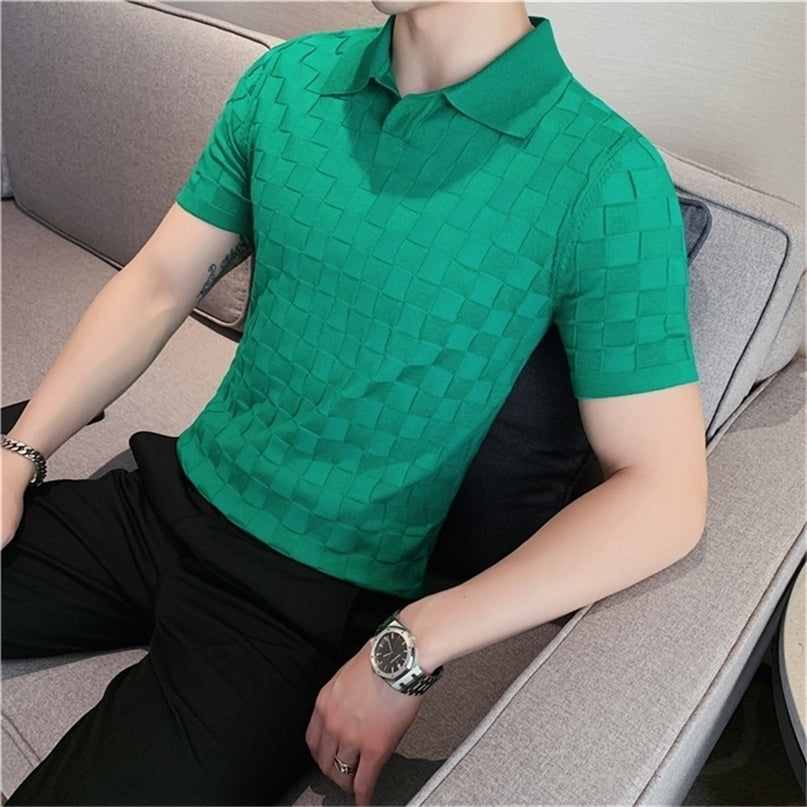 Men High Quality Knitting POLO ShirtsMale Slim Fit Leisure VNeck Short Sleeves Polo Mens elastic 3XL D220615