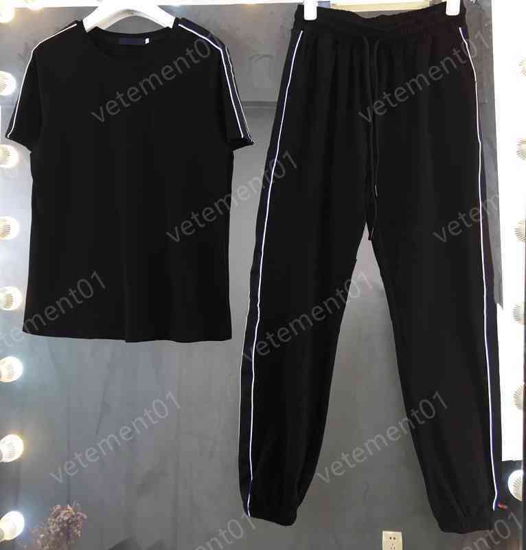 Womens Two Piece Pants White Solid Short-sleeved T-shirt With Striped Track Pants 2 Piece Sets Luxury Designer Tracksuits Women Clothing 0912