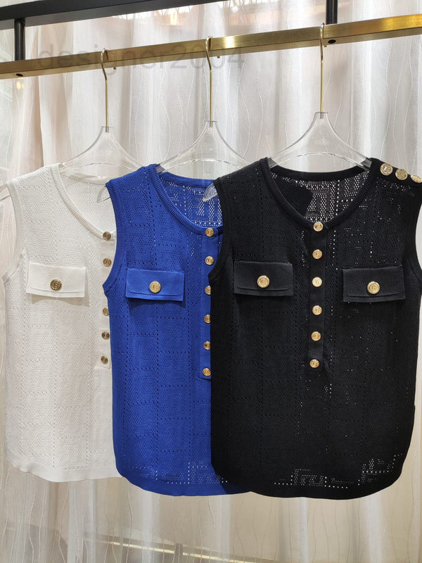 Women&#039;s Sweaters designer 20ss balman collar bottomed T-shirt commuting hollow button sleeveless vest versatile slim top WZUP