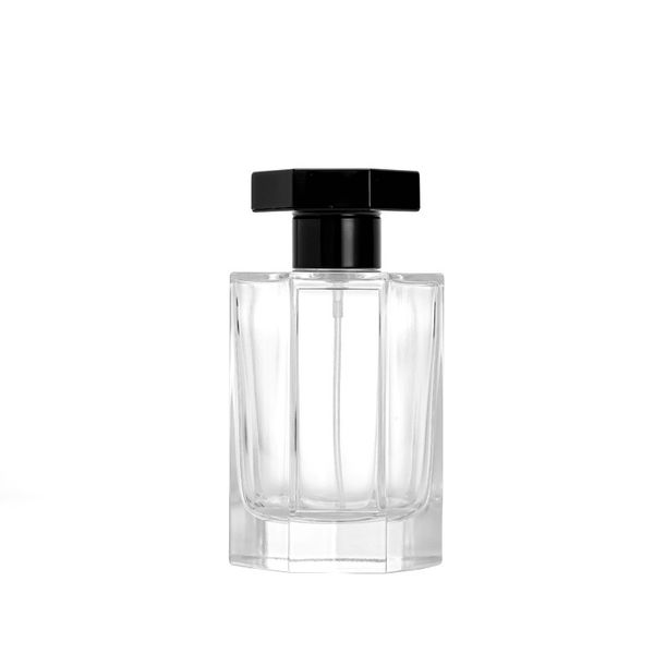 Perfume Spray Bottle Black Plastic Lid Atomizer High Grade Cosmetic Packaging Container 100ml Empty Thick Bottom Six Sides Round Clear Glass