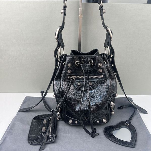 Motorcycle Bucket Bag Le Cagole Handbags Purse Drawstring Tote Bags Genuine Leather Detachable Zip Inner Pocket Women Crossbody Shoulder