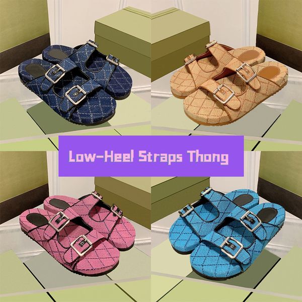 Designer sandals Low-Heel Straps Thong Slide Sandals with box Luxury men women slides beige ebony canvas black pink dark blue ivory beach fl
