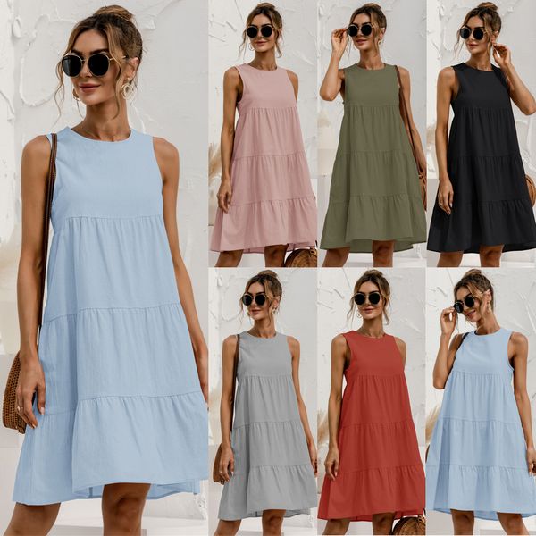 Casual Dresses 2022 Summer Women Vest Dress Cotton O-Neck Sleeveless Solid Midi Dresss Stitching Large Swing Casuals Loose Sundress Vestidos