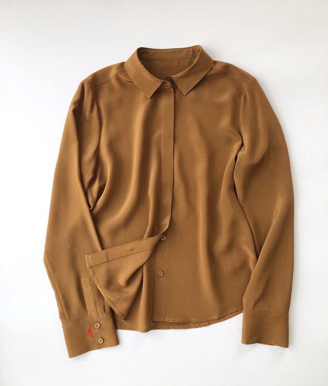 Women&#039;s Blouses & Shirts Silk Caramel Color Long Sleeve Lapel Blouse Shirt Top With Embroidery DetailWomen&#039;s