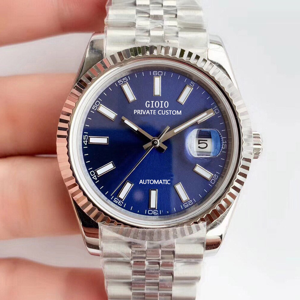 Mens Automatic Mechanical Watch High Quality Stainless Steel Sapphire Calendar Black Blue blue mirror