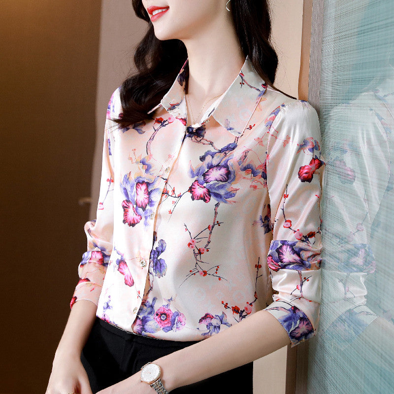 2022 Long Sleeve Retro Floral Blouses Women Designer Luxury Silk Shirt Spring Autumn Casual Lady Office Button Down Shirts Fine Elegant Female Sweet