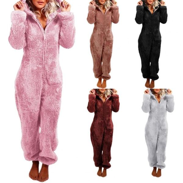Women&#039;s Jumpsuits & Rompers Winter Warm Pyjamas Women Onesies Fluffy Fleece Sleepwear Overall Hood Sets Pajamas For Adult