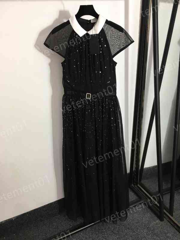 Designer Womens Dresses Fashion Brand Black Sequin Embroidered Short Sleeve Mesh Evening Party Dress Luxury Women Clothing Casual Dresses One