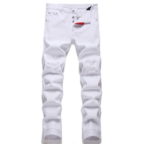 White Designer Jeans Trousers Trendy Clothe Youth Boys Blue Denim Streetwear Urban Woman Mens Skinny Stretch Rip Pants with Plain Pocket Bul