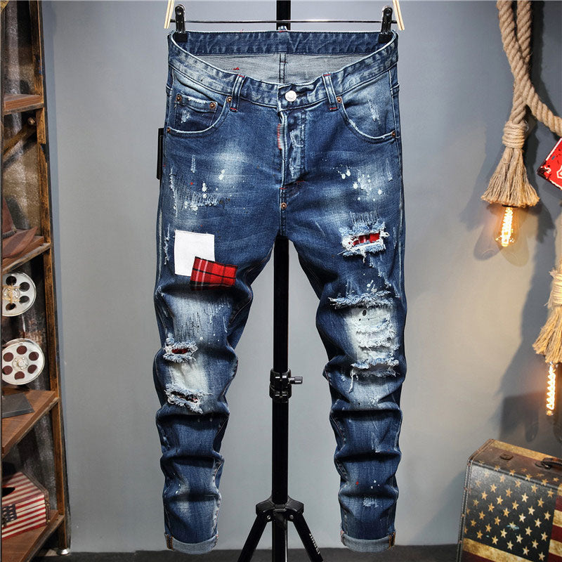 Men Jeans Trousers with Ink Paint Splatter Distressed Damaged Torn Rugged Knee Cut Silm Fit Skinny Long Straight Leg Pants for Biker