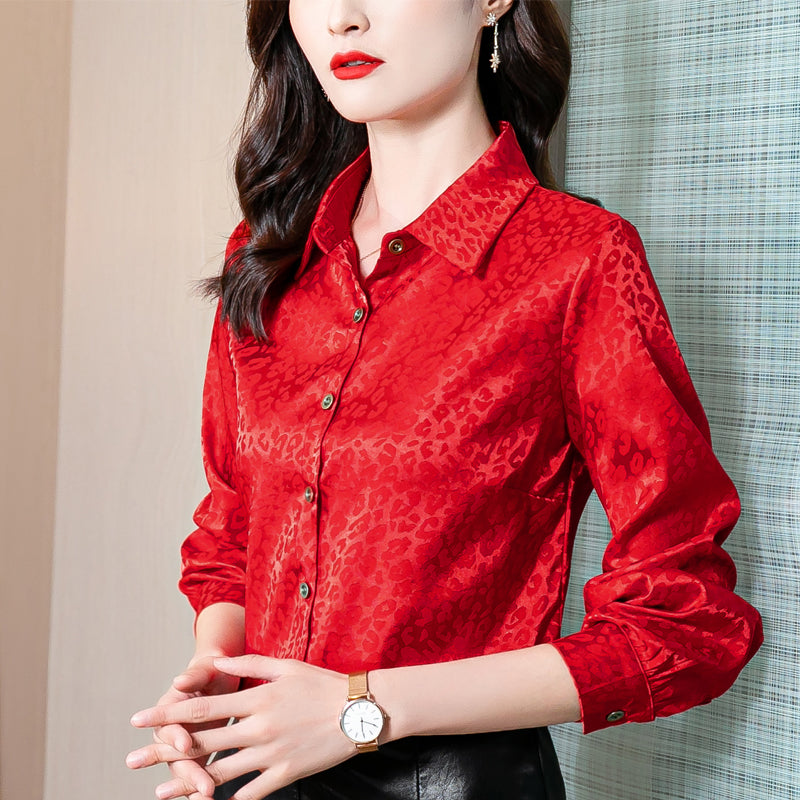 2022 Classic Lapel Red Button Up Shirts Lantern Sleeve Women Jacquard Korea Fashion Blouses Office Ladies Elegant Shirts Spring Autumn Designer Blou