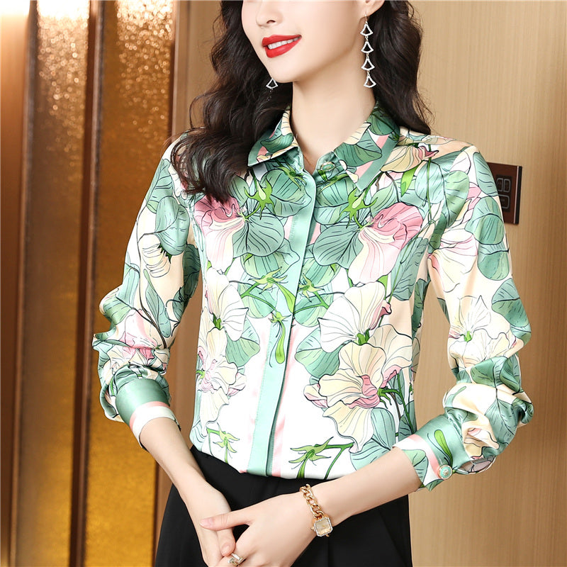 2022 Luxury Retro Floral Silk Blouses Women Long Sleeve Classic Lapel Print Shirt Casual Ladies Office Button Up Shirts Spring Autumn Woman Blouse D