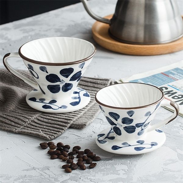 Ceramic Coffee Dripper Hand painted Style Coffee Drip Filter Cup Permanent Pour Over Coffee Maker with Separate Stand for 1-4Cup 210326