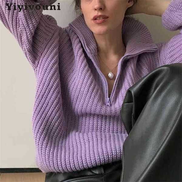 Yiyiyouni Zipper Polo Collar Knitted Oversized Sweater Women Autumn Winter Casual Thick Pullovers Female Loose White Jumper 211109