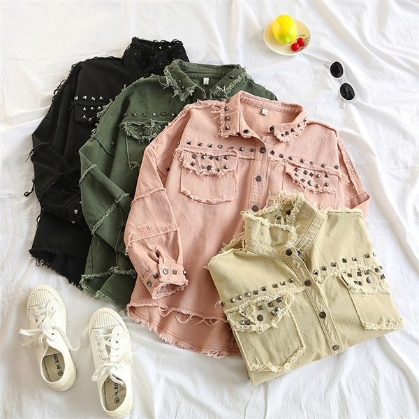 Chic Spring Denim For Women Stylish Frayed Outerwear With Studded Details Long Sleeve Streetwear Jacket - Large Size Irregular Design B2
