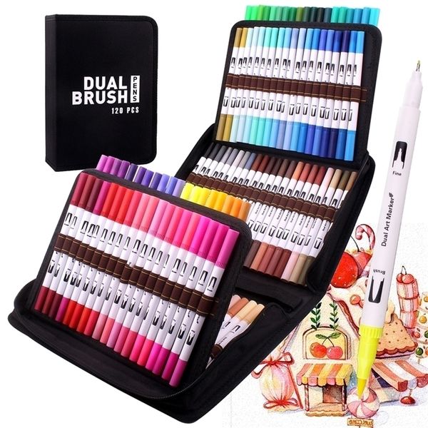 Manga Fine and Brush Dual Tips Colouring Pens 120 Watercolor Pens Brush Fineliner Felt Tip Pens Art Markers for Calligraphy 210226