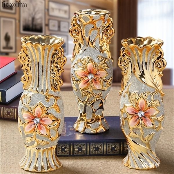 NOOLIM Europe Gold Plated Frost Porcelain Vase Vintage Advanced Ceramic Flower for Room Study Hallway Home Wedding Decor 220628