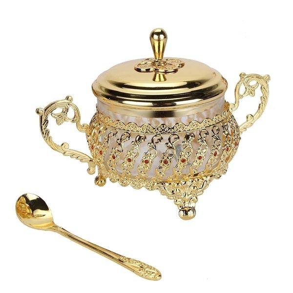 Unique Jars European Style Gold Finish Metal Glass SaltSugarTeaCoffee Jar High Quality Tableware Dinnerware Home Table Decor Y200104