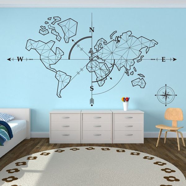Large World Map Compass Earth Wall Sticker Office Classroom Travel Global Exploration Adventure Decal Vinyl Decor Y200103