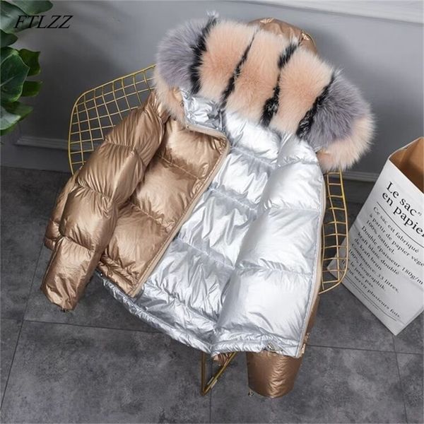 FTLZZ Gold Silver Double Side Down Coat Winter Jacket Women Big Aritificial Fur White Duck Down Parkas Female Down Outerwear 201214