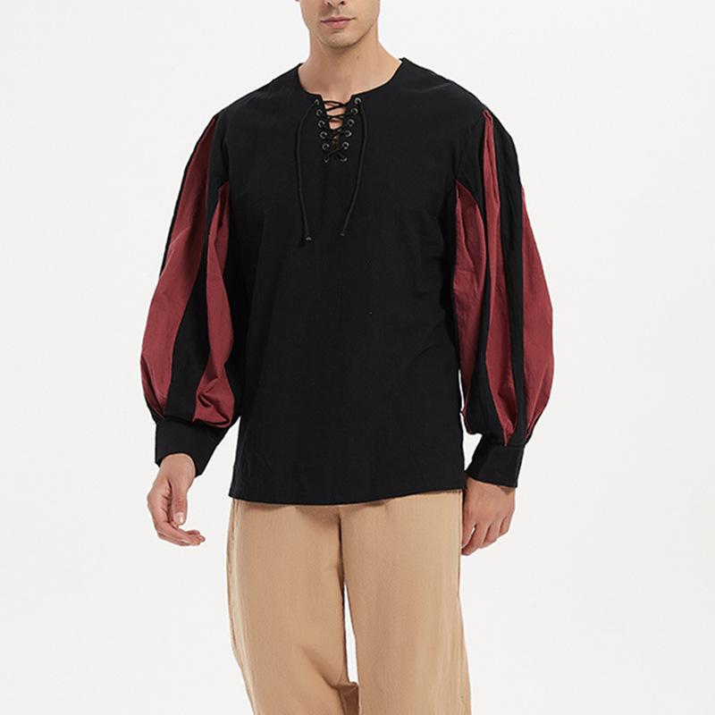 Men&#039;s Dress Shirts Black And Red Patchwork Lace Up O Neck Lantern Sleeve Victorian Top Men Vintage T Shirt Cosplay Medieval Renaissance Clot