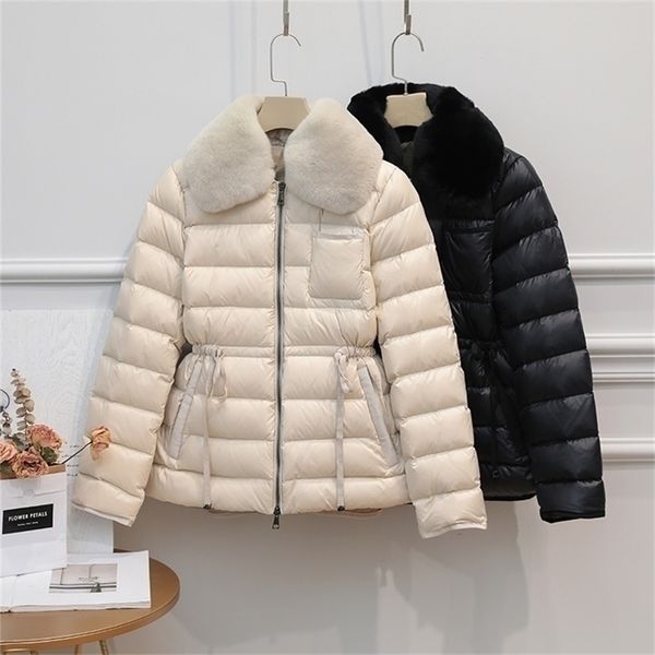 Ailegogo Winter Ultra Light 90% Duck Down Jacket Women Large Natural Rabbit&#039;s Hair White Duck Down Parka Sash Tie Up Warm Coats 201126