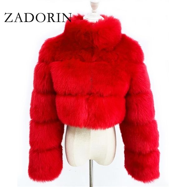 ZADORIN Fashion Cropped Faux Coat Warm Stand Collar Slim Fluffy Jacket Women Winter Fur Coats Plus Size 201214