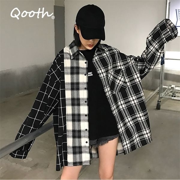 Qooth Women&#039;s Loose Plaid Blouse Spring Long Sleeve Student Check Blouses Casual Vintage Lady Tops Shirt Black Tops QH2220 210326