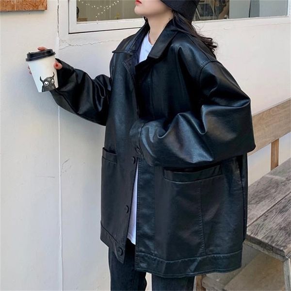 Casual Black Leather Jacket Women Korean Thin Loose Moto Jacket Female Spring Fashion Streetwear Lady Outerwear Biker Coats 210908