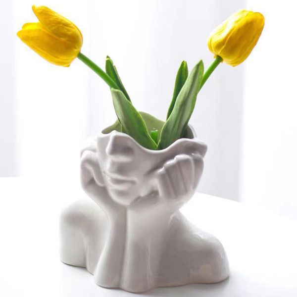 Women Body Half Face Flower Pot White Ceramic Vase Art Crafts Bedroom Living Room Desktop Decoration