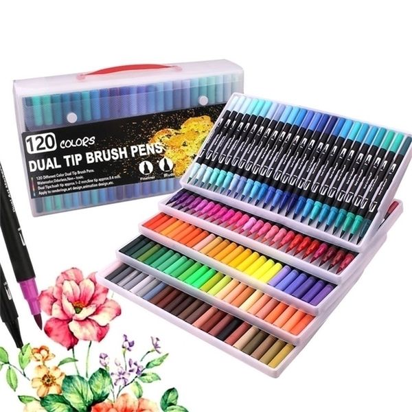 120 Colors Brush Fineliner Pens Colouring Pens Brush Tip Art Markers for Colouring Sketching Painting 201116