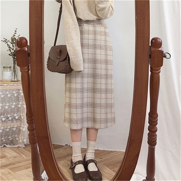 Vintage plaid Women Skirts Autumn Pencil Long Girls Skirt Female Warm Thick Skirts Winter Mujer winter women winter skirt maxi 210306