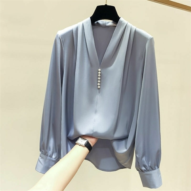 Womens Spring Autumn Style Chiffon Blouses Shirt Womens Rivet Beads Long Sleeve Solid Color Korean Elegant Tops DD9057 210401