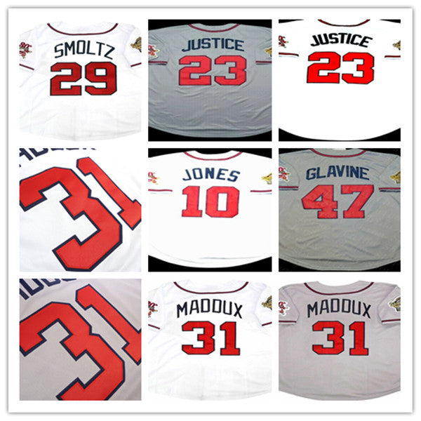 1995 Atlanta WS Retro Baseball Jerseys Chipper Jones Smoltz Bobby Cox Javy Lopez David Justice Tom Glavine John Rocker Maddux STEVE AVERY Ronald Acu