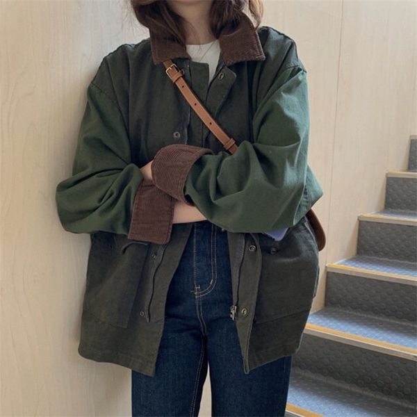 Vintage Patchwork Turndown Collar Corduroy Coat Autumn Loose Hip Hop Jacket Women Streetwear Casual Outerwear Female Top 220810
