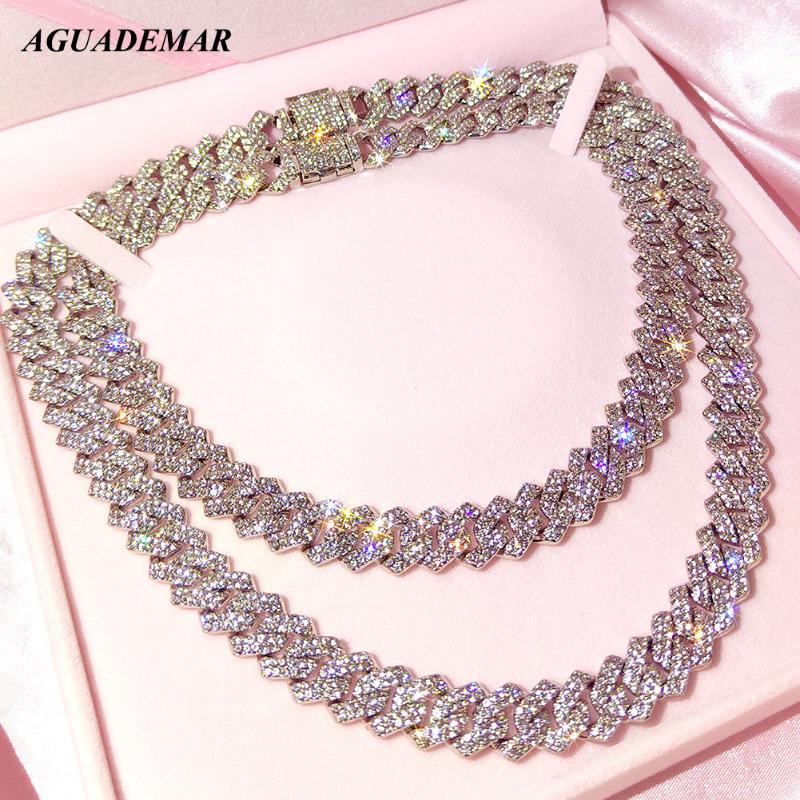 Chains Iced Out 14mm Prong Cuban Link Chain Necklace For Women Bling Clustered Rhinestones Pave Miami Choker JewelleryChains