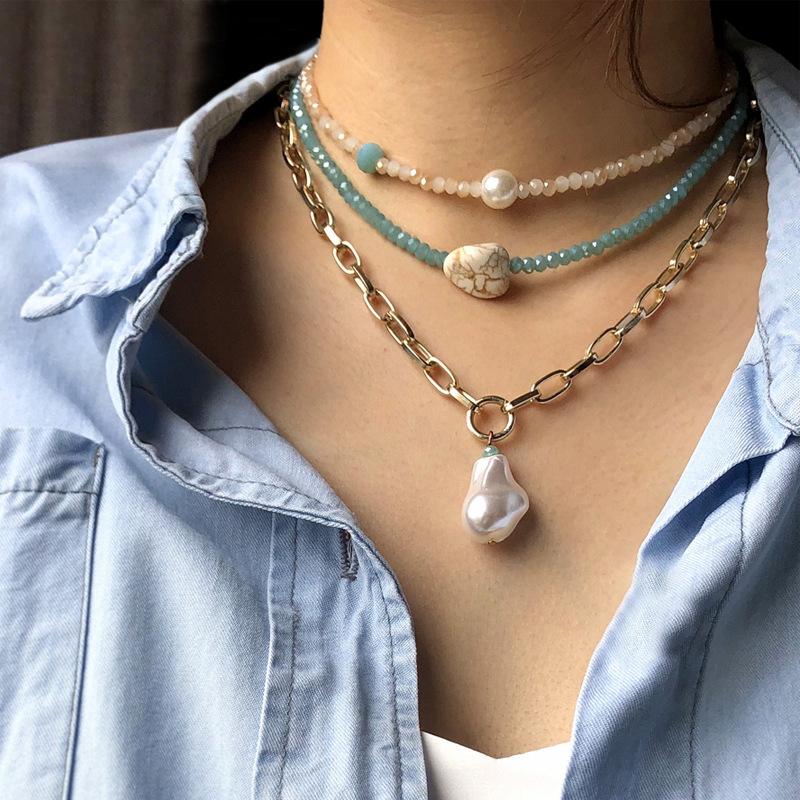Crystal Beads Multi-layer Necklace Turquoise Pearl Pendant New Choker Collarbone Chain Big Gold Jewelry