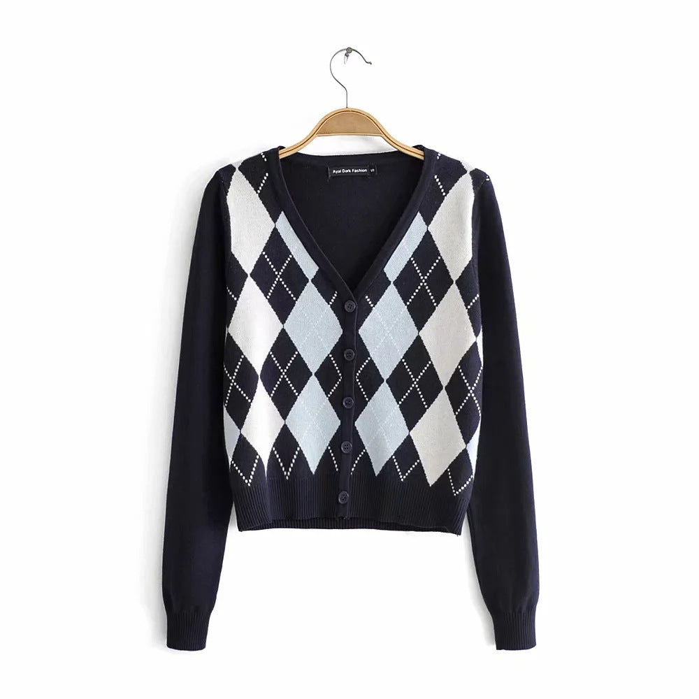 Female Sweater Vintage Stylish Geometric Rhombic Cardigan Sweater Women 2020 Casual Autumn Long Sleeve Outerwear Chic England Style Tops