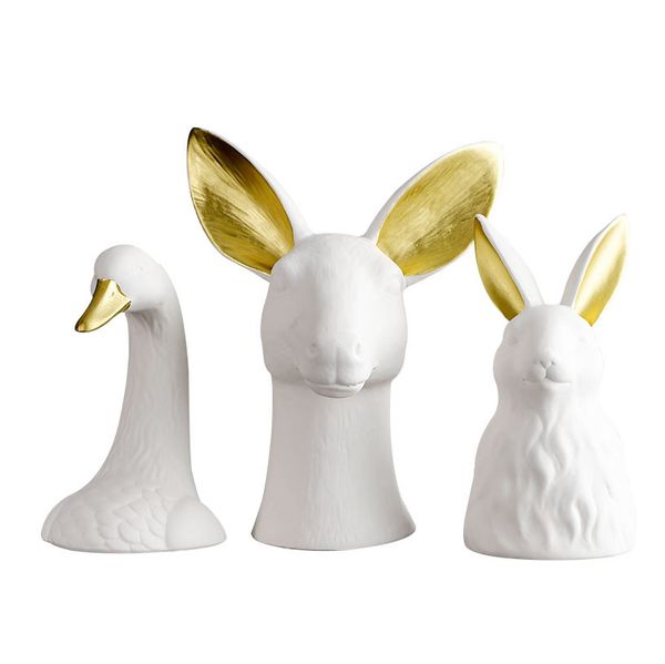 White Ceramic Swan Rabbit Roe Deer Figurines Animal Head Sculpture with Golden Ears Nordic Vase Home Decoration Ornament