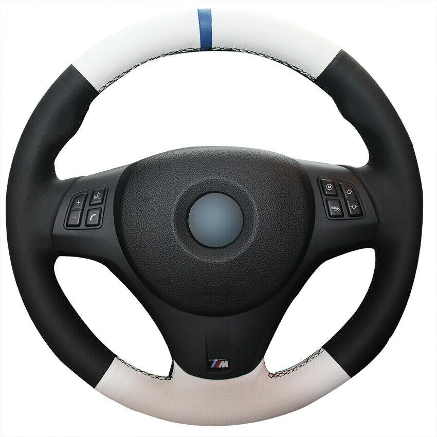 For BMW M3 2009-2013 DIY Hand Sewing Steering Wheel Cover Black White Leather