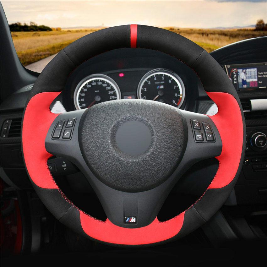 For BMW M3 2009-2013 -E92 Car Steering Wheel Cover Black Red Suede Leather