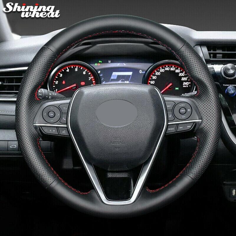 Hand-stitched Black Genuine Leather Steering Wheel Cover for Toyota Camry 2018