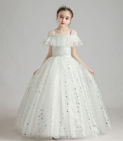 Dreamlike White Silver Stars Tulle Straps Flower Girl Dresses Girls&#039; Pageant Dresses Holidays-Birthday Dress-Skirt Custom Size 2-14 DF7
